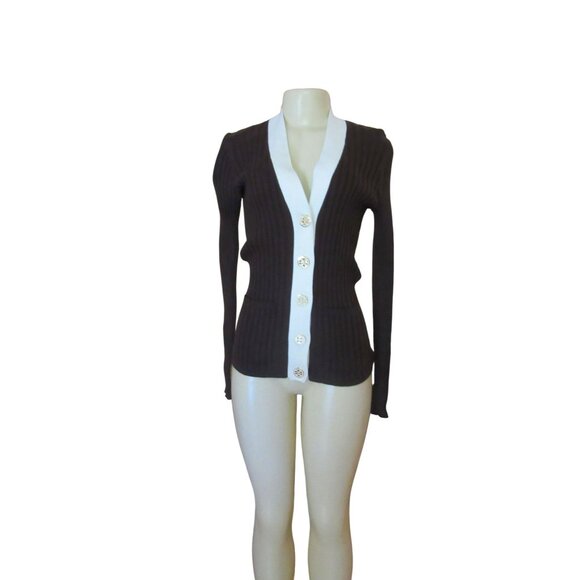 Tory Burch Ribbed Cotton Brown & Cream Button Down Cardigan S - Picture 3 of 7